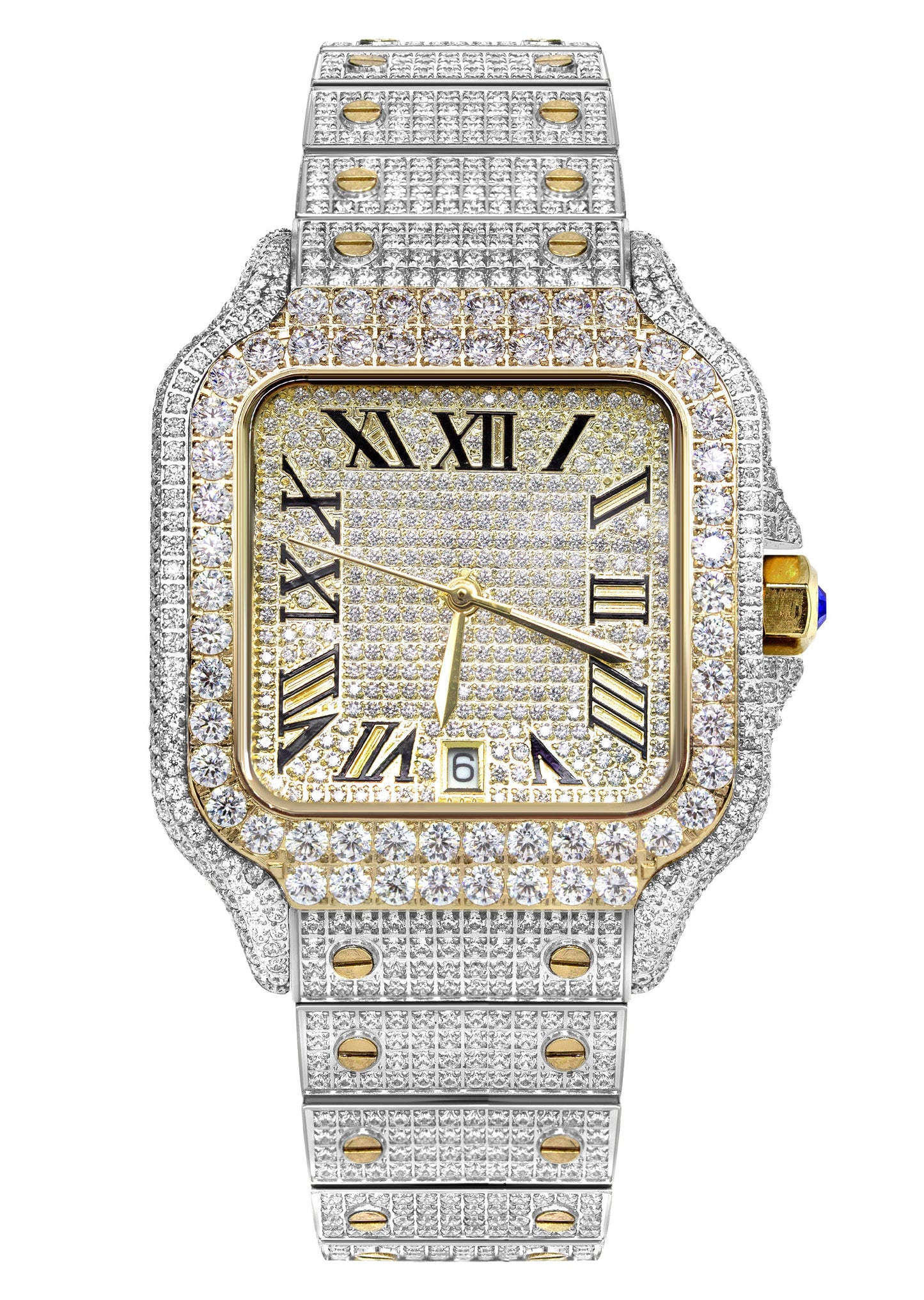Mens Watch - Iced Out VVS Two Tone Roman Dial | Gold Stainless Steel Bust Down Watch