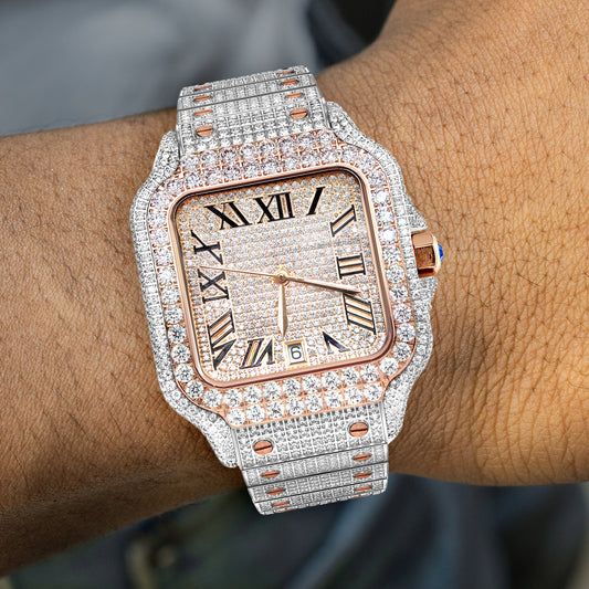Mens Watch - Iced Out VVS Square Two Tone Roman Dial Rose Gold | Stainless Steel Bust Down Watch