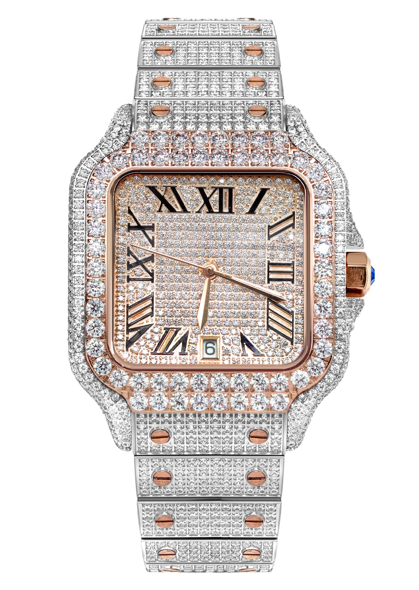 Mens Watch - Iced Out VVS Square Two Tone Roman Dial Rose Gold | Stainless Steel Bust Down Watch
