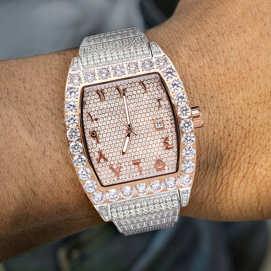 Mens Watch - Iced Out VVS Encrusted Two Tone Roman Dial Rose Gold Stainless Steel Bust Down Watch