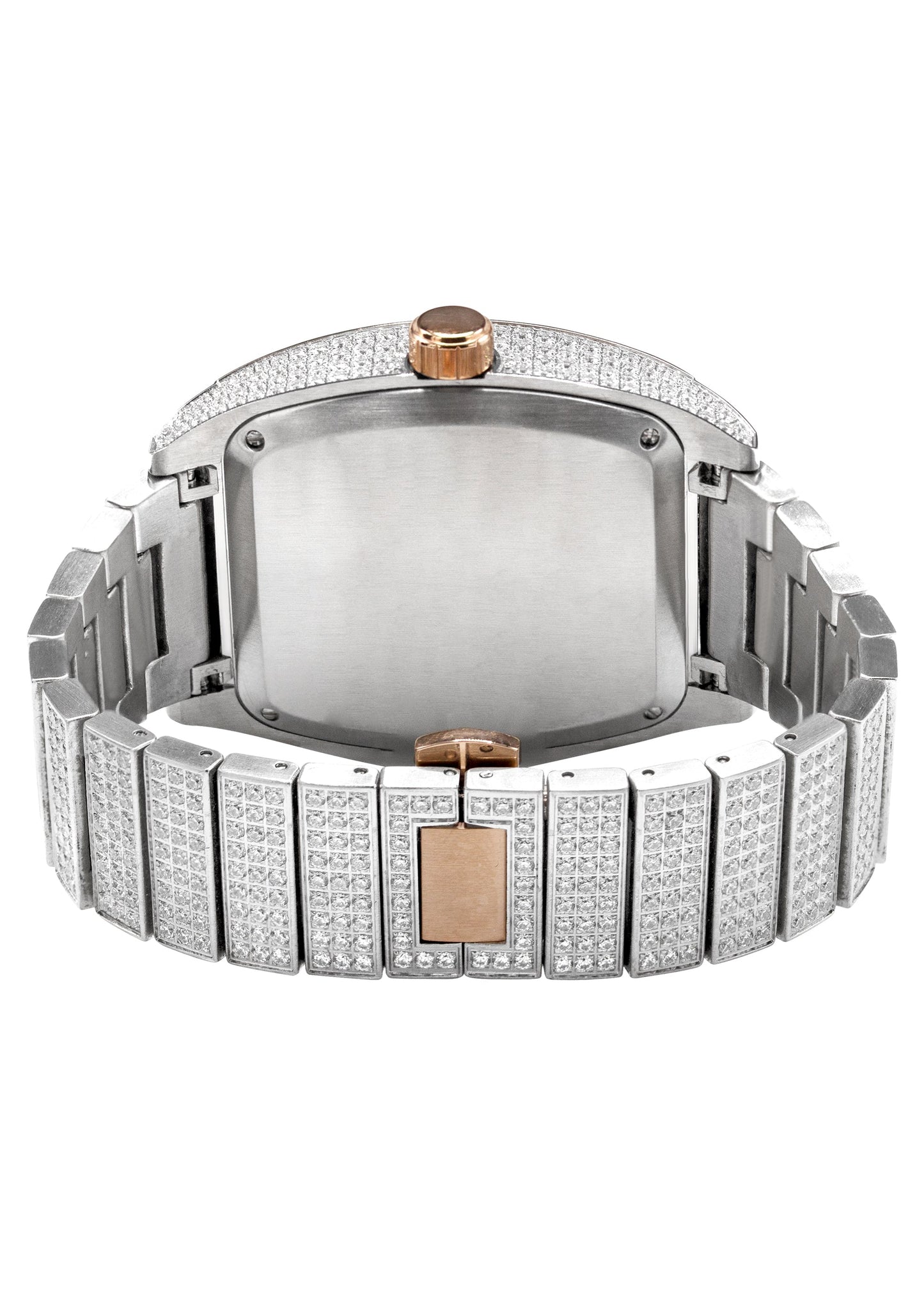 Mens Watch - Iced Out VVS Encrusted Two Tone Roman Dial Rose Gold Stainless Steel Bust Down Watch
