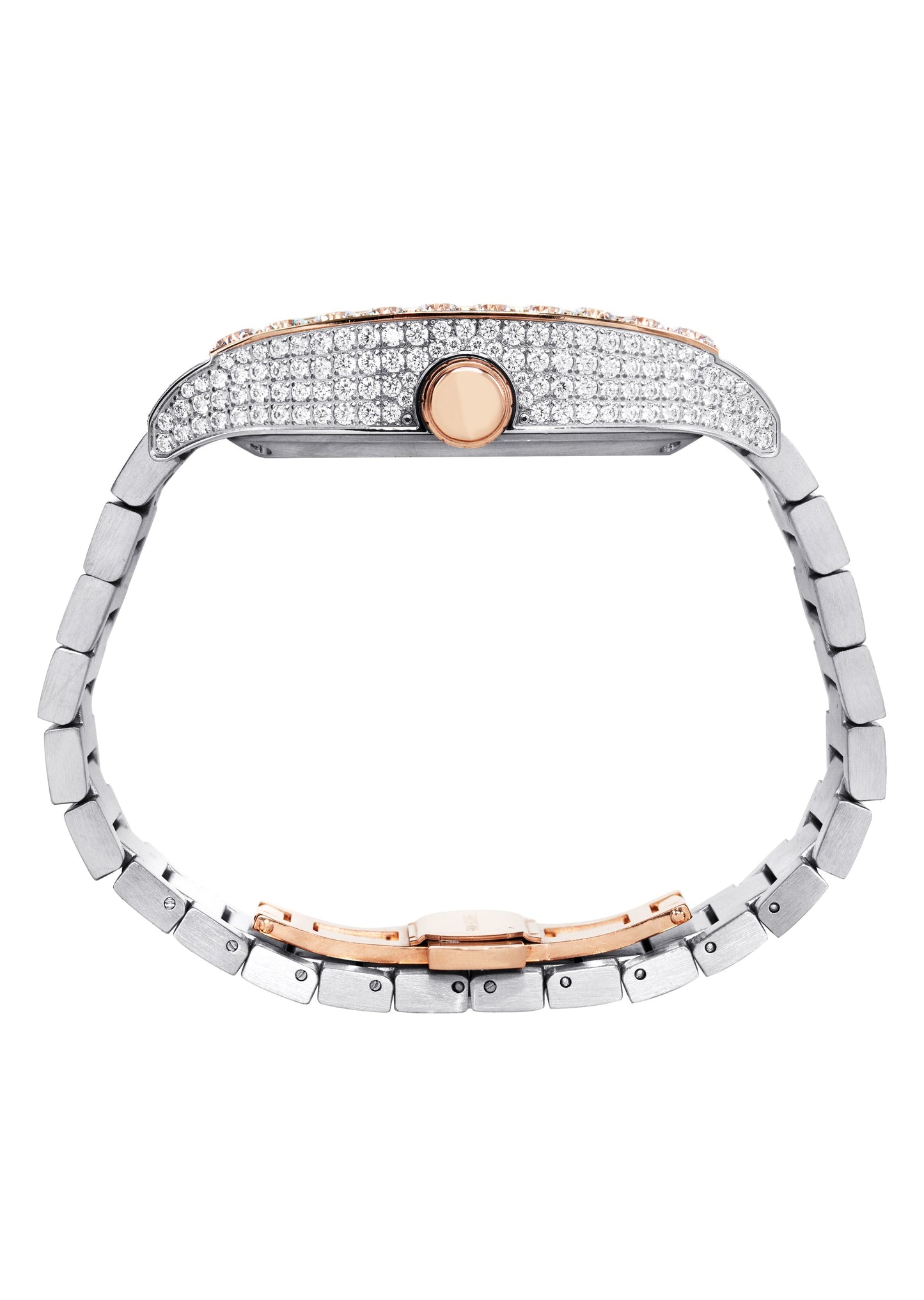 Mens Watch - Iced Out VVS Encrusted Two Tone Roman Dial Rose Gold Stainless Steel Bust Down Watch