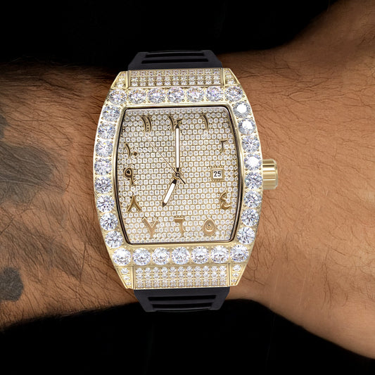 Mens Watch - Iced Out VVS Arabic Dial | Gold Steel Bust Down Watch Rubber Band