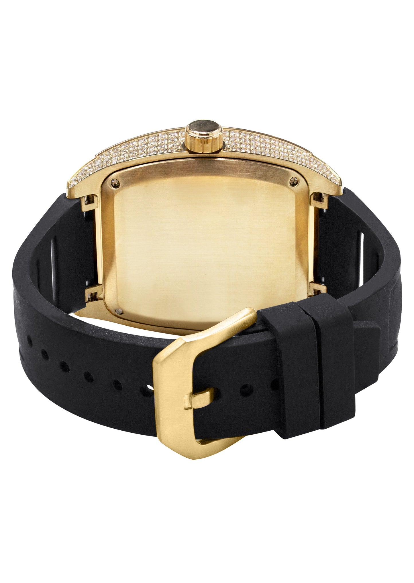 Mens Watch - Iced Out VVS Arabic Dial | Gold Steel Bust Down Watch Rubber Band
