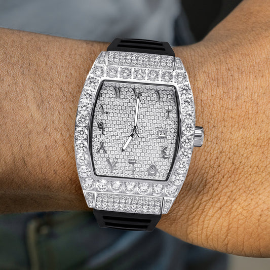 Mens Watch - Iced Out VVS Arabic Dial | Steel Bust Down Watch Rubber Band