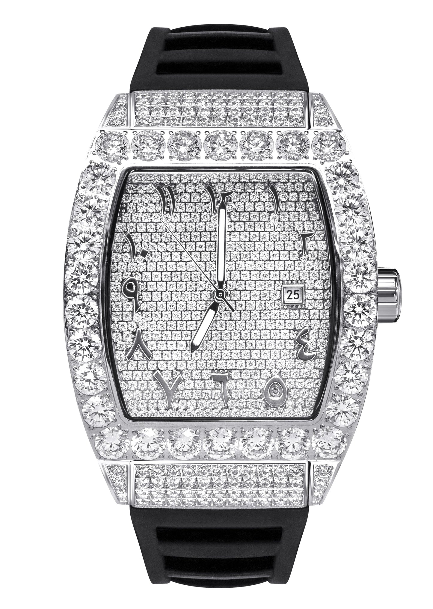 Mens Watch - Iced Out VVS Arabic Dial | Steel Bust Down Watch Rubber Band
