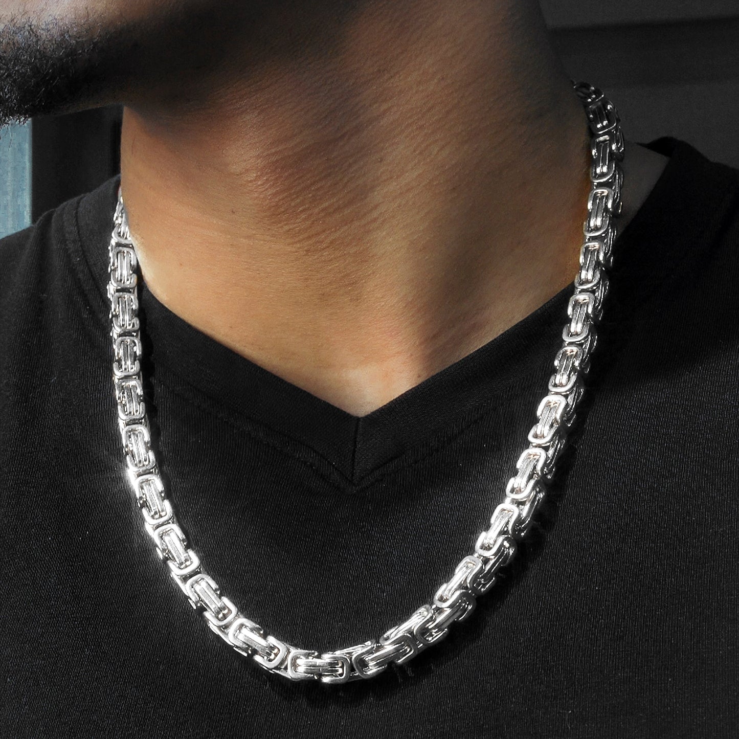 Mens Jewelry - Mens 14K White Gold Byzantine Chain & Bracelet