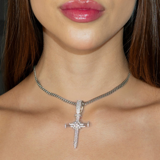 Womens Jewelry - 14K White Gold Iced Out VVS Cross Necklace | Appx. 19 Grams
