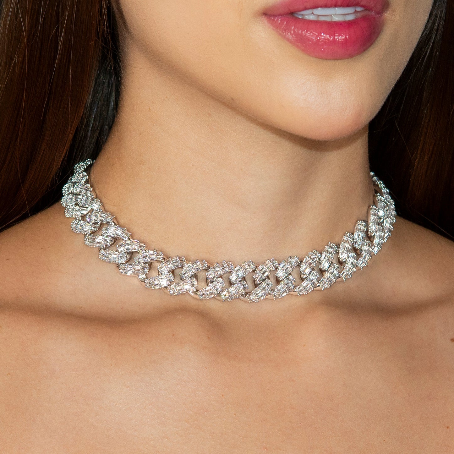 Gold Jewelry - Womens 14K White Gold Iced Out VVS Baguette Cuban Link Chain
