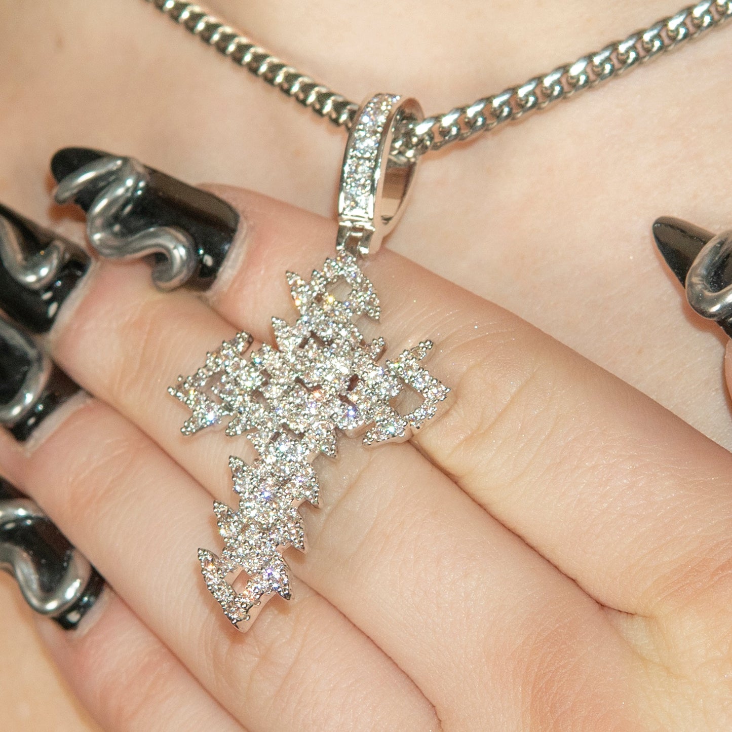 Womens Jewelry - Gold Iced Out VVS Spiked Cuban Cross Necklace | Appx. 17.4 Grams