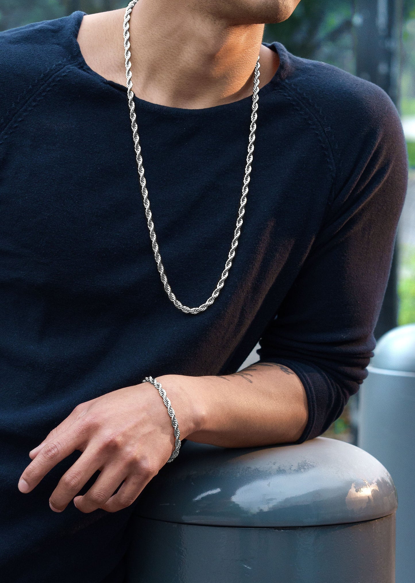 Mens Jewelry - 14K Solid White Gold Rope Chain & Bracelet ( 6 Mm )