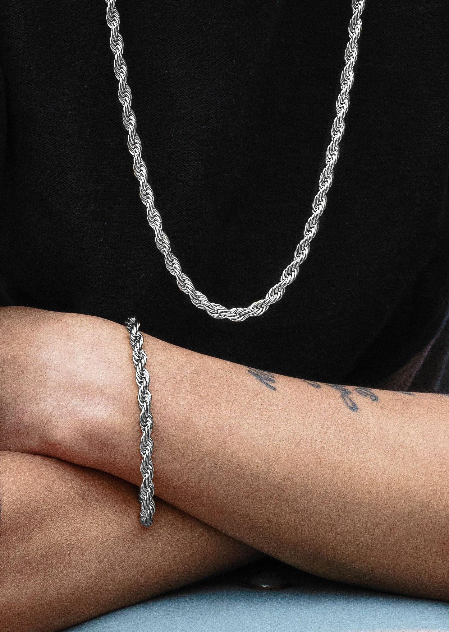 Mens Jewelry - 14K Solid White Gold Rope Chain & Bracelet ( 6 Mm )