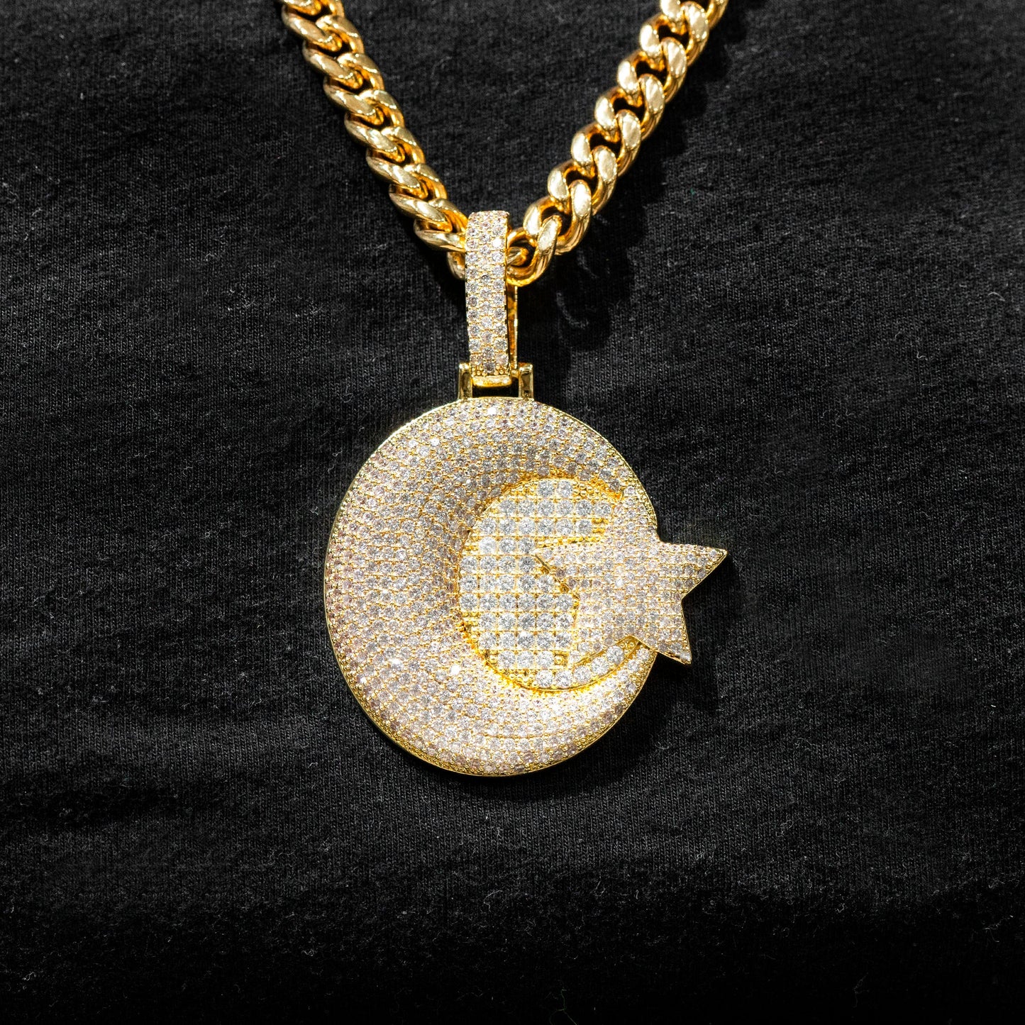 Mens Jewelry -  Gold Iced Out VVS Moon Necklace | Appx. 37 Grams