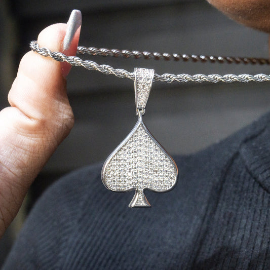 Womens Jewelry - 14K White Gold Iced Out VVS Ace of Spades Necklace | Appx. 15.9 Grams