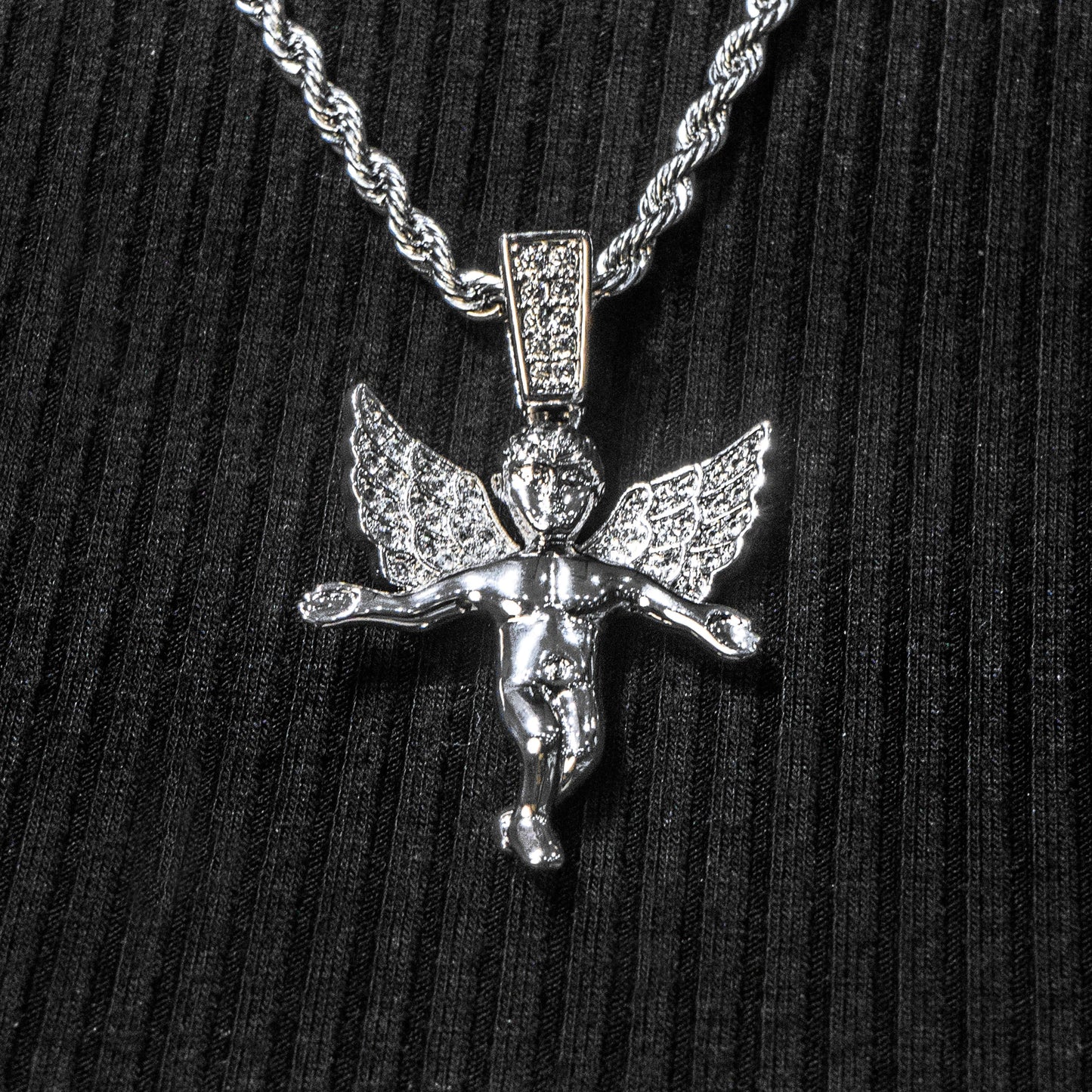 Womens Jewelry - 14K White Gold Iced Out VVS Angel Necklace | Appx. 14.2 Grams