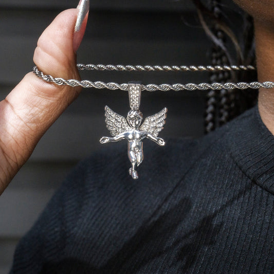 Womens Jewelry - 14K White Gold Iced Out VVS Angel Necklace | Appx. 14.2 Grams
