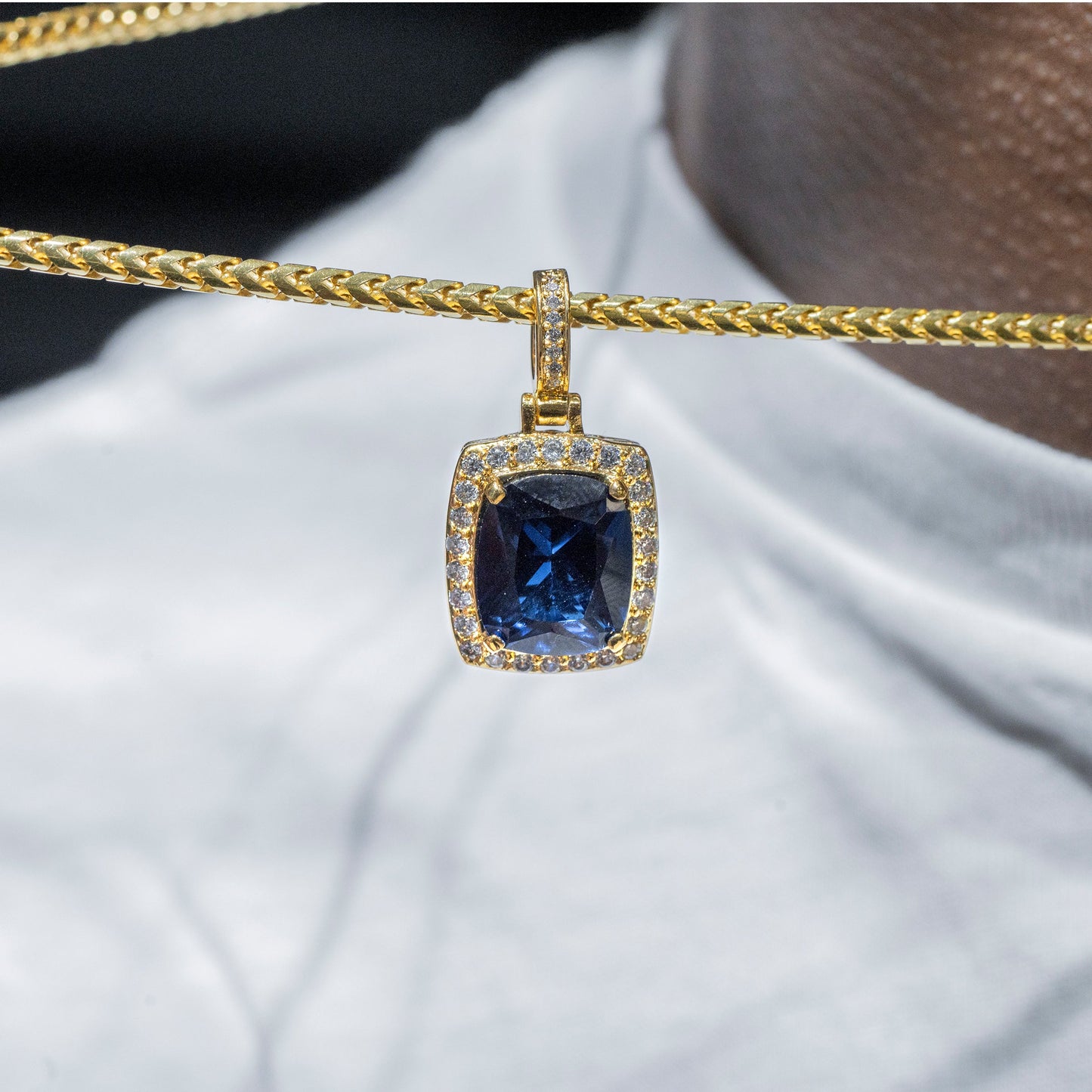 Mens Jewelry -  Gold Iced Out VVS Sapphire Necklace | Appx. 12.5 Grams