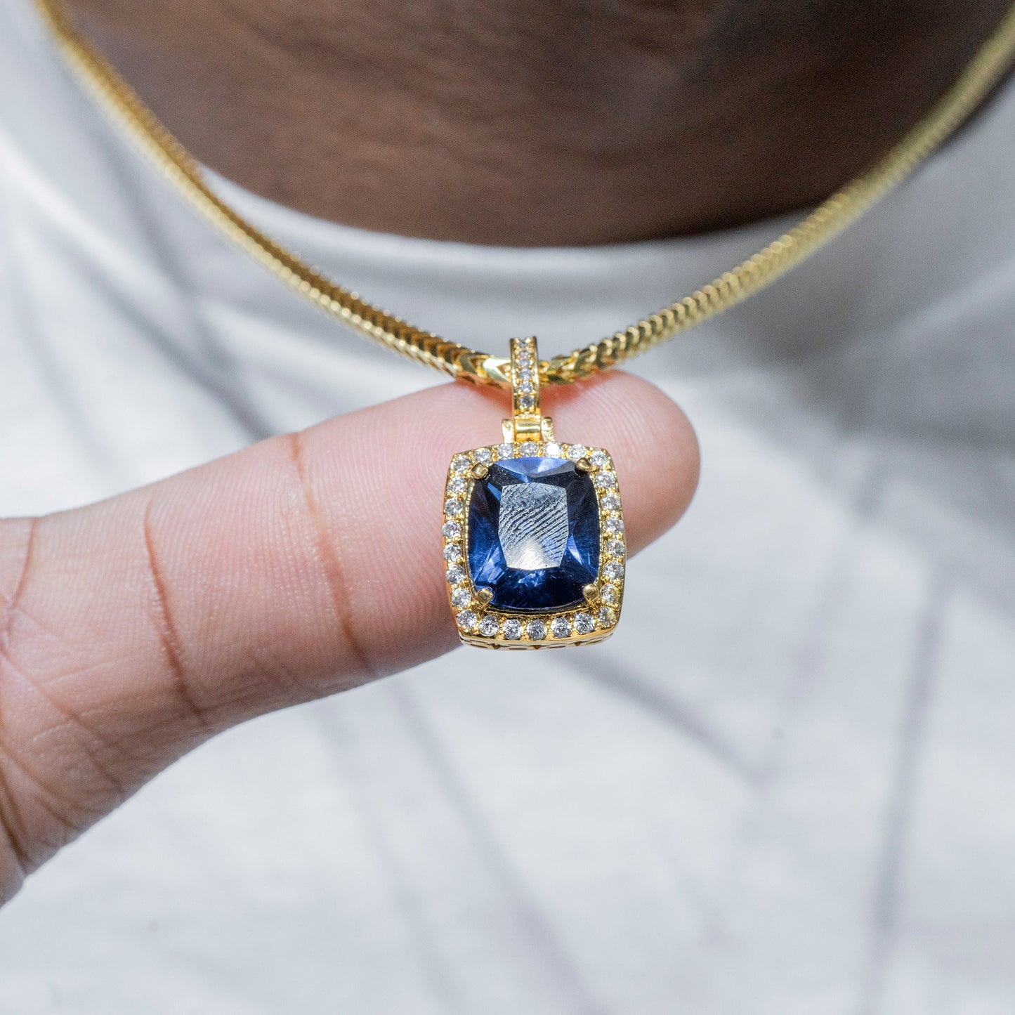 Mens Jewelry -  Gold Iced Out VVS Sapphire Necklace | Appx. 12.5 Grams