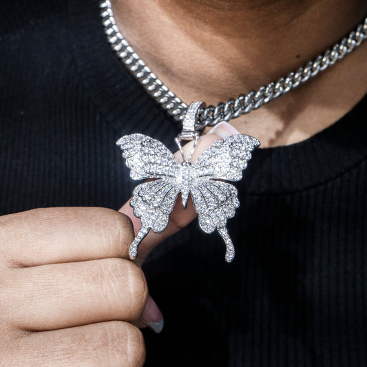 Womens Jewelry - 14K White Gold Iced Out VVS Butterfly Necklace | Appx. 30.6 Grams