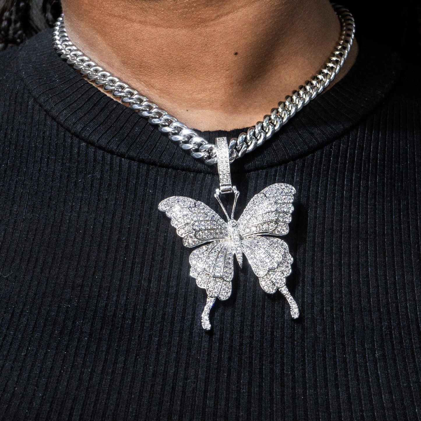 Womens Jewelry - 14K White Gold Iced Out VVS Butterfly Necklace | Appx. 30.6 Grams