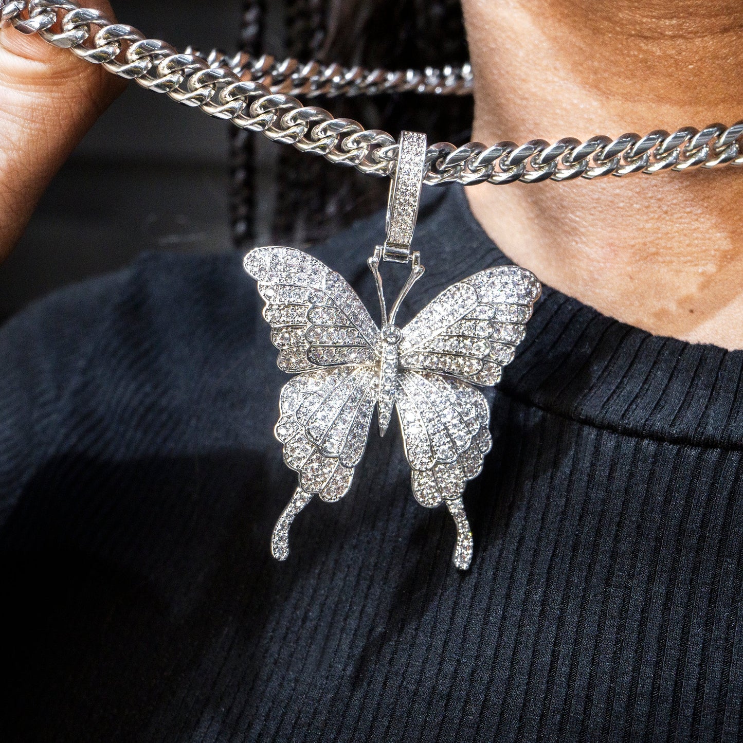 Womens Jewelry - 14K White Gold Iced Out VVS Butterfly Necklace | Appx. 30.6 Grams