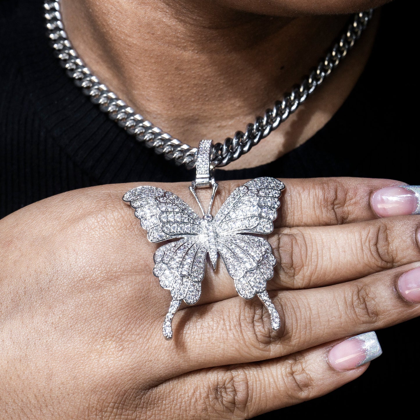 Womens Jewelry - 14K White Gold Iced Out VVS Butterfly Necklace | Appx. 30.6 Grams
