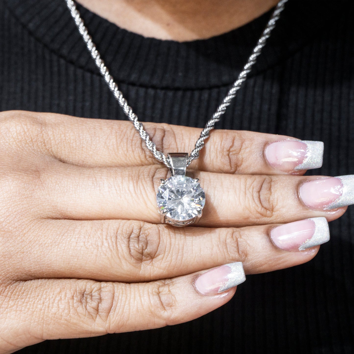Womens Jewelry - 14K White Gold Iced Out VVS Solitaire Necklace | Appx. 16.3 Grams