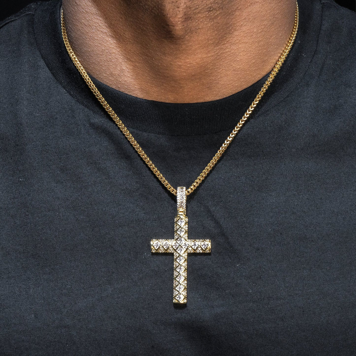 Mens Jewelry -  Gold Iced Out VVS Cross Necklace | Appx. 19.8 Grams