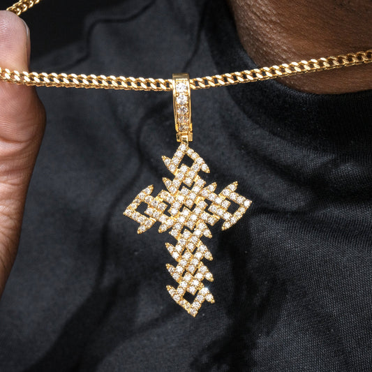 Mens Jewelry -  Gold Iced Out VVS Spiked Cuban Cross Necklace | Appx. 17.4 Grams