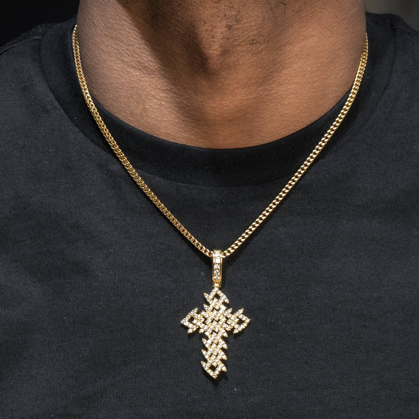 Mens Jewelry -  Gold Iced Out VVS Spiked Cuban Cross Necklace | Appx. 17.4 Grams