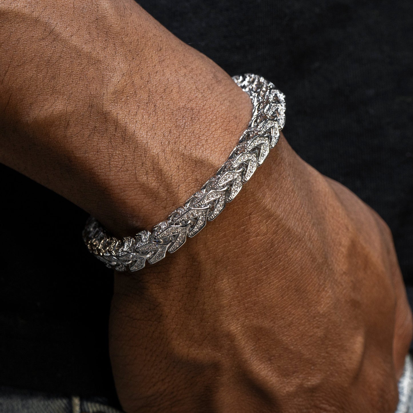Gold Jewelry -  Mens 14K White Gold Iced Out VVS Solid Franco Bracelet