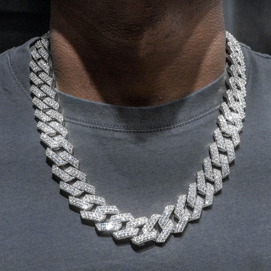 Gold Jewelry -  Mens 14K White Gold Iced Out VVS Prong Set Miami Cuban Link Chain | 14 MM