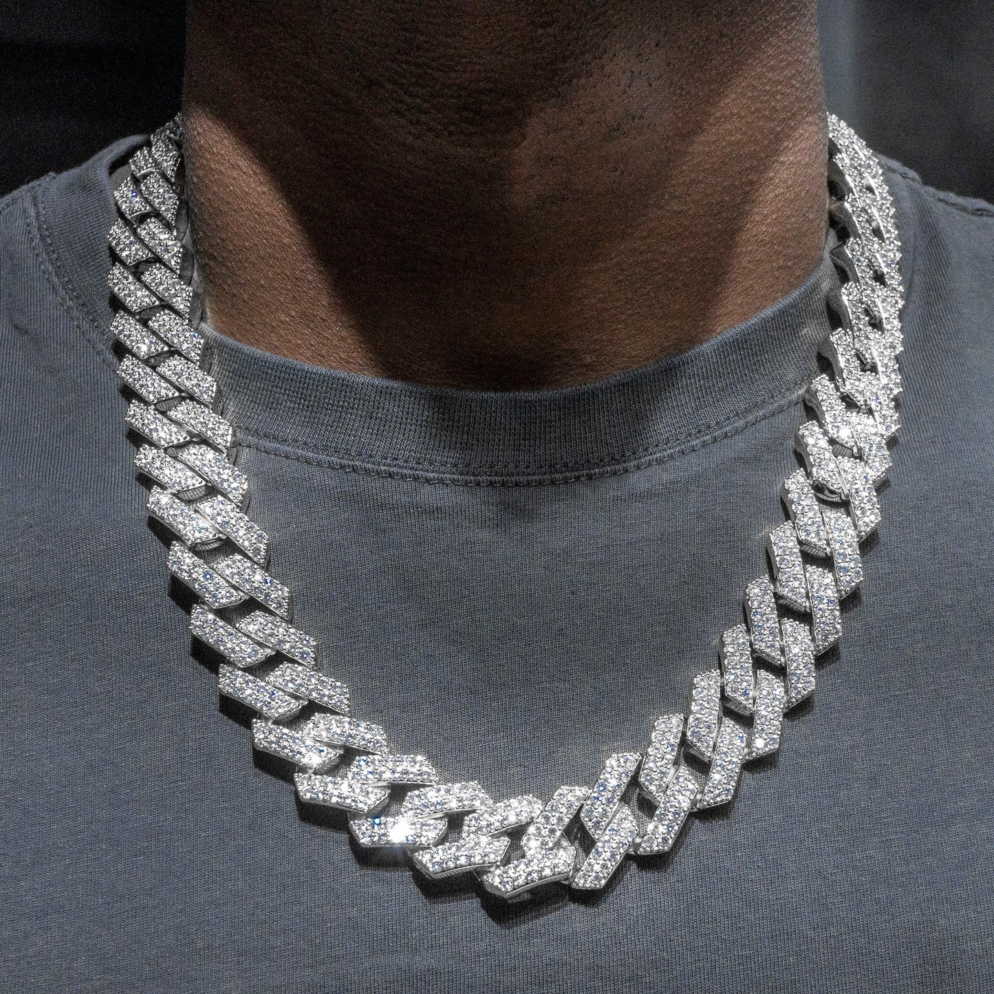 Gold Jewelry -  Mens 14K White Gold Iced Out VVS Prong Set Miami Cuban Link Chain