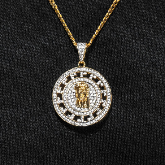 Mens Jewelry -  Gold Iced Out VVS Meander Jesus Head Necklace | Appx. 19.9 Grams
