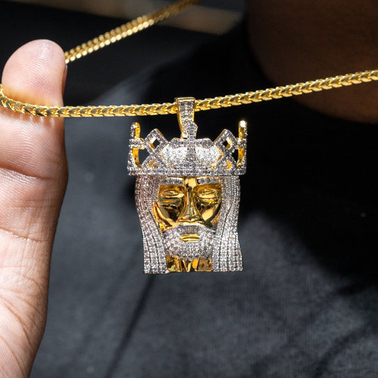 Mens Jewelry -  Gold Iced Out VVS Jesus Head Crown Necklace | Appx. 20.5 Grams