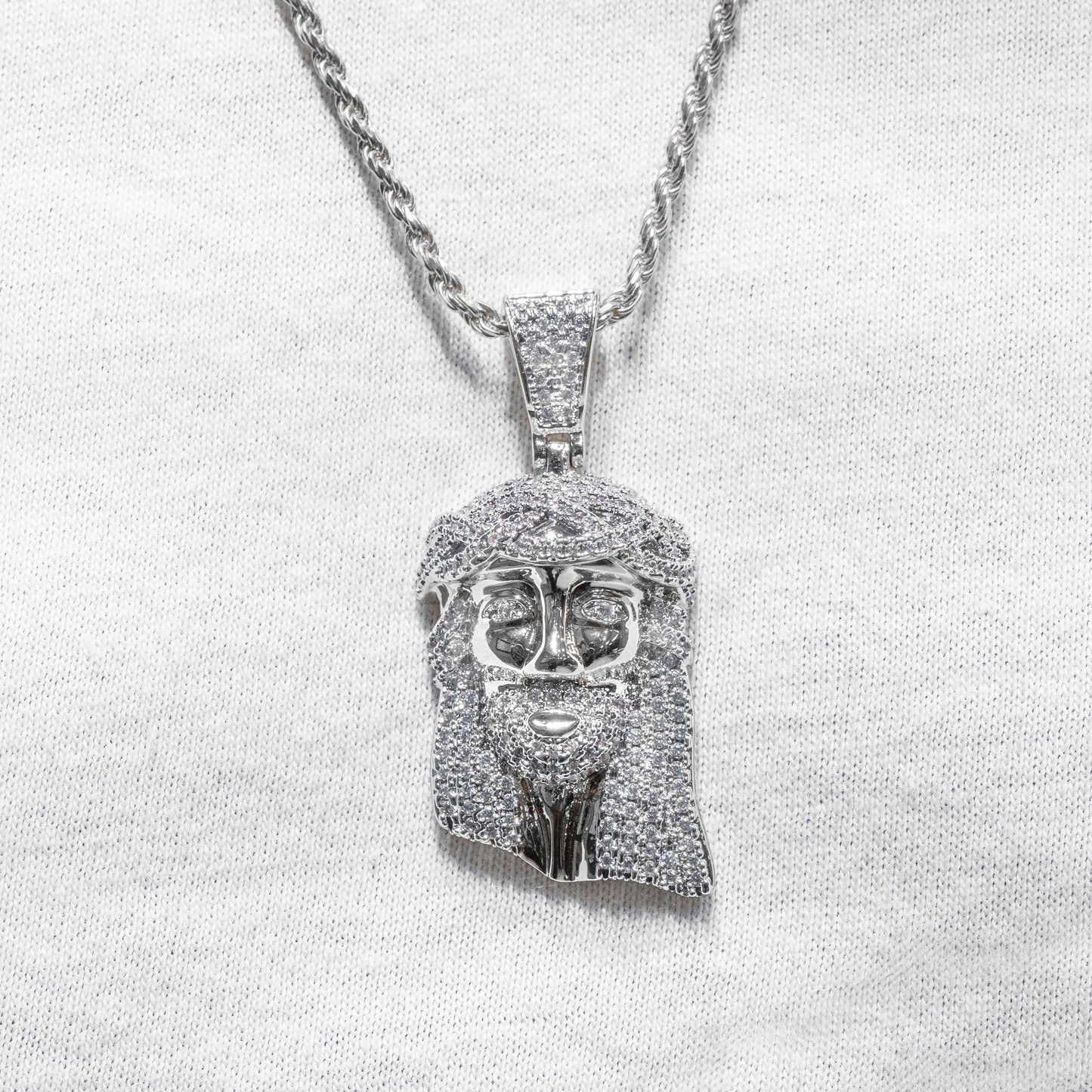 Mens Jewelry - 14K White Gold Iced Out VVS Jesus Head Pendant | 14.8 Grams