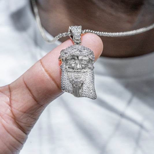 Mens Jewelry - 14K White Gold Iced Out VVS Jesus Head Pendant | 14.8 Grams