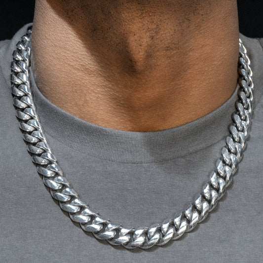 Mens Jewelry - Solid White Gold Miami Cuban Link Chain & Bracelet ( 14 Mm )