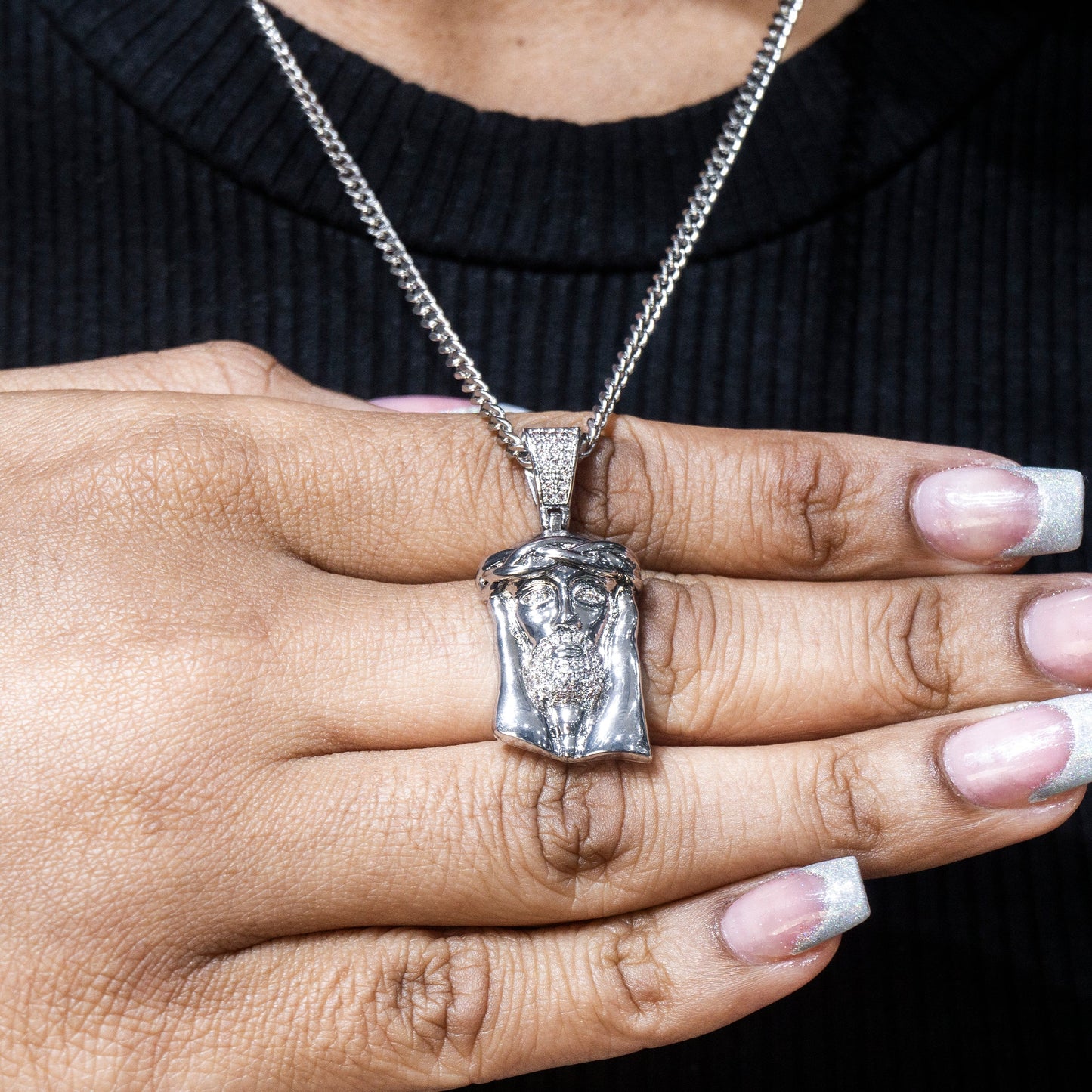 Womens Jewelry - 14K White Gold Iced Out VVS Jesus Head Necklace | Appx. 20.1 Grams