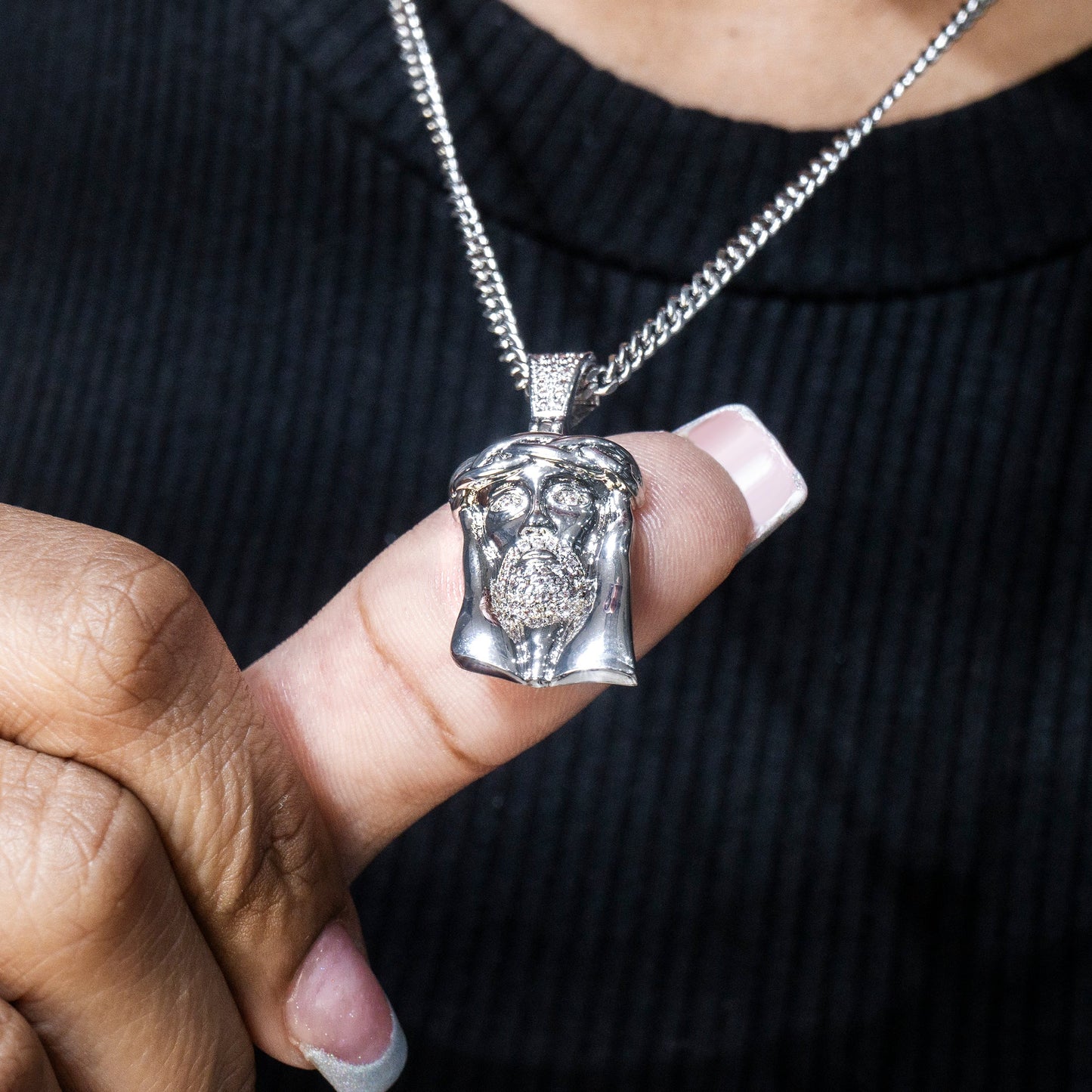 Womens Jewelry - 14K White Gold Iced Out VVS Jesus Head Necklace | Appx. 20.1 Grams