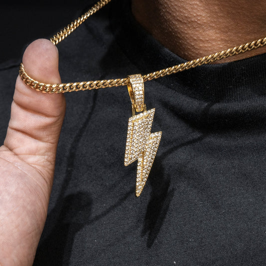 Mens Jewelry -  Gold Iced Out VVS Lightning Bolt Necklace | Appx. 18 Grams