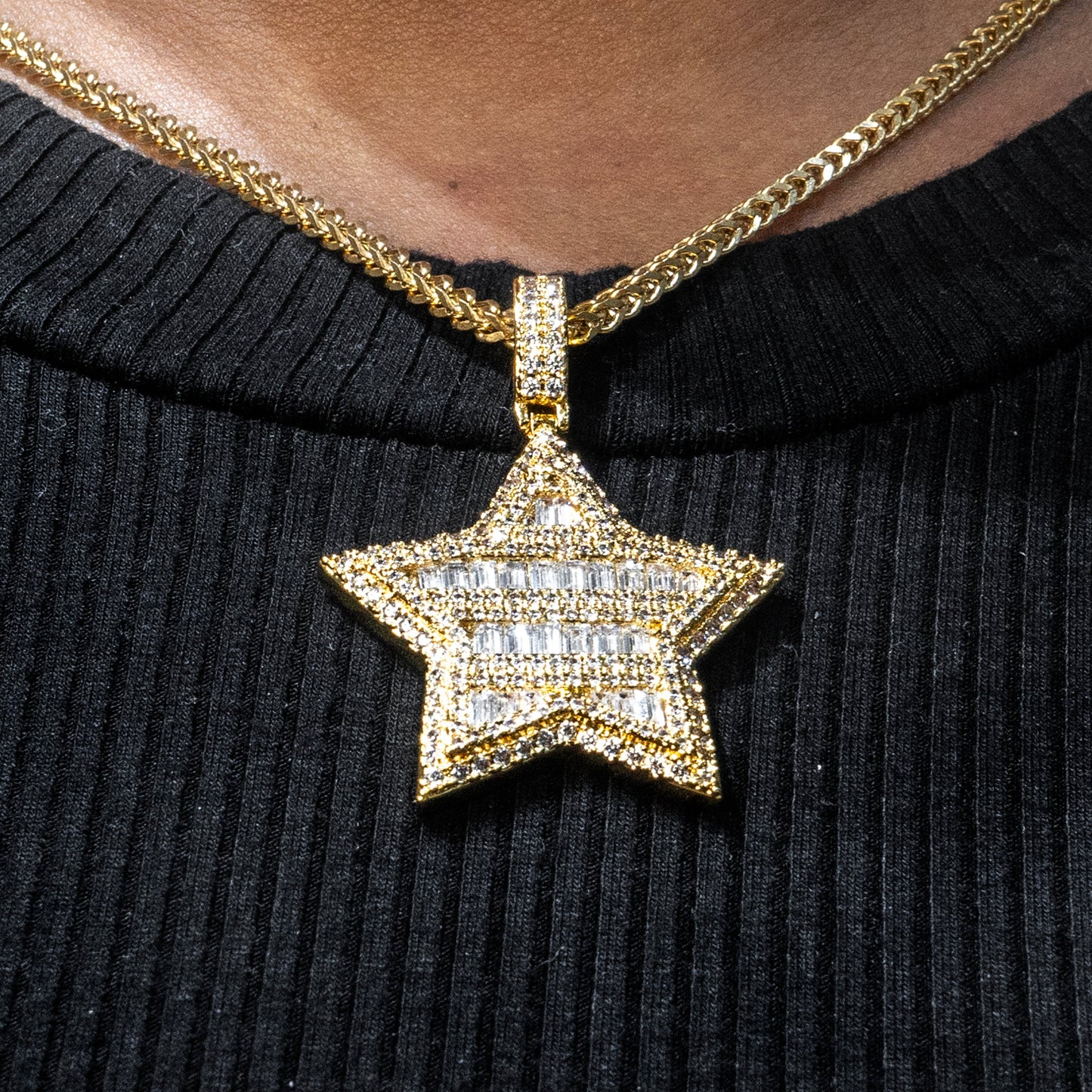Womens Jewelry - 14K Gold Iced Out VVS Star Baguette Necklace | Appx. 18 Grams
