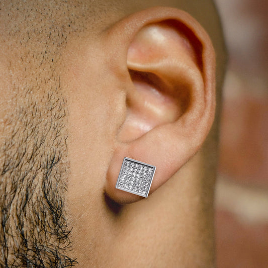 Mens Jewelry - Silver Micro Pave Square Iced Out VVS Stud Earrings for Men | Appx. 2.1 Grams