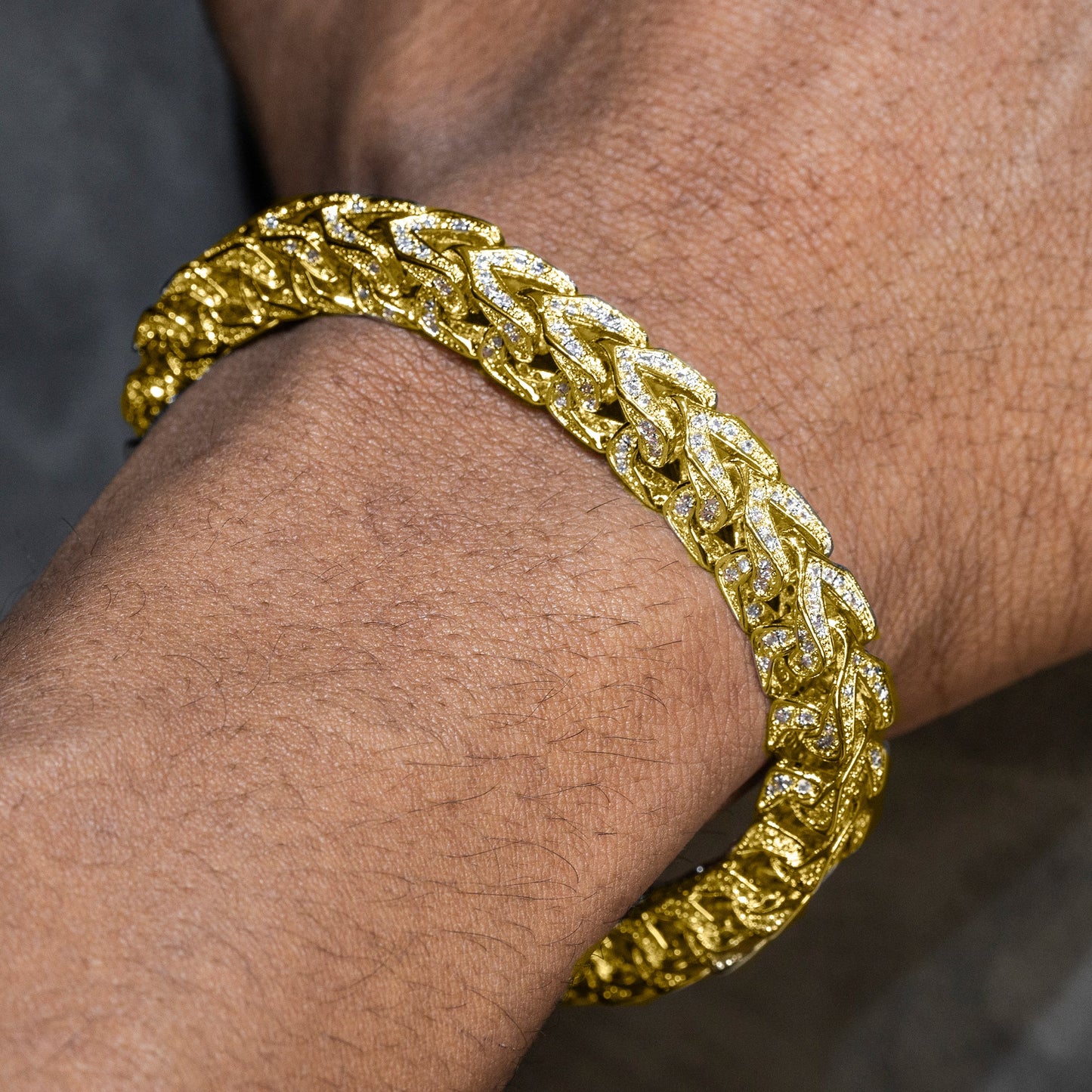 Gold Jewelry -  Mens 14K Yellow Gold Iced Out VVS Solid Franco Bracelet