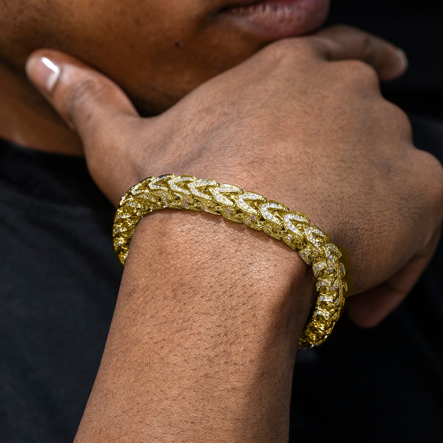 Gold Jewelry -  Mens 14K Yellow Gold Iced Out VVS Solid Franco Bracelet